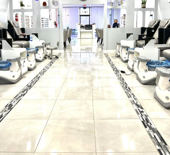 Looking down the salon, gleaming floors